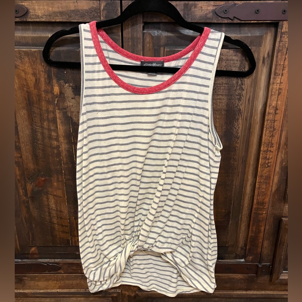 Eddie Bauer, medium, red, white & blue striped shirt